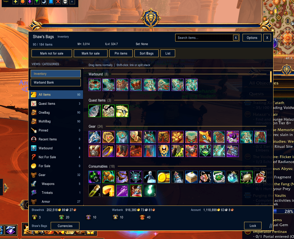 Shaw’s UI — Alliance bags and inventory